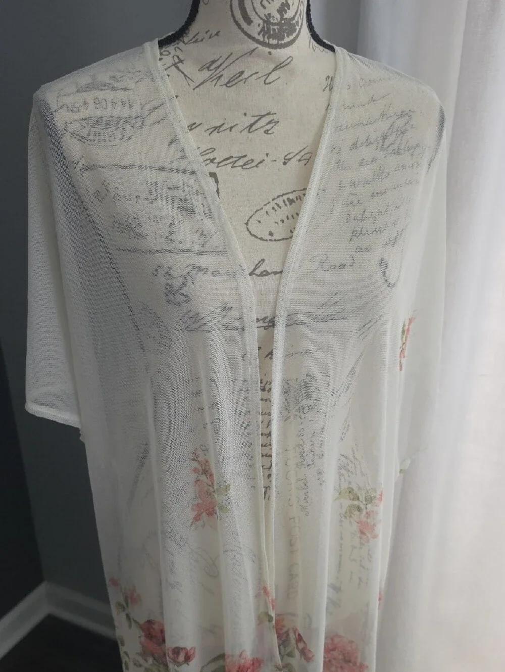Sheer Floral Kimono Cover-Up - White with Pink Roses